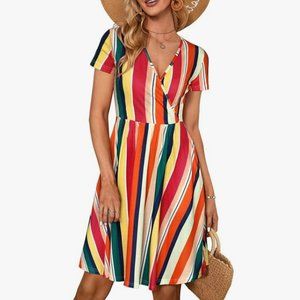GUBERRY Womens Dresses Summer Wrap A Line Swing Colorful Striped Dress for Women